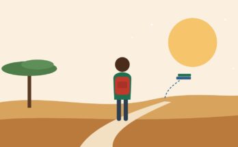 Flat illustration of a young student with a backpack, seen from behind, on a path towards the rising sun beside an acacia tree