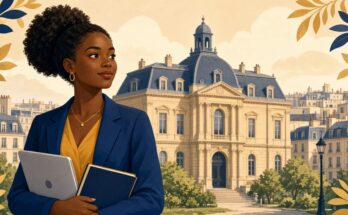 Illustration of an African graduate student holding a laptop and books in front of a Paris university building