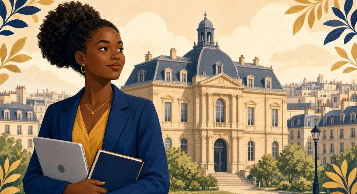 Illustration of an African graduate student holding a laptop and books in front of a Paris university building