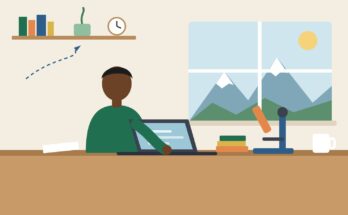 Flat illustration of an African researcher working on a laptop at a desk with a microscope and books, with snowy mountains outside the window