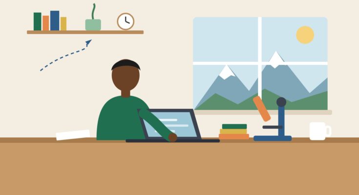 Flat illustration of an African researcher working on a laptop at a desk with a microscope and books, with snowy mountains outside the window